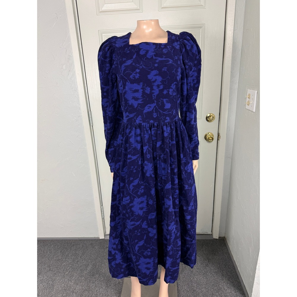 Vintage Laura Ashley Women's Dress Corduroy Cotton Floral Pockets Long sleeve X4